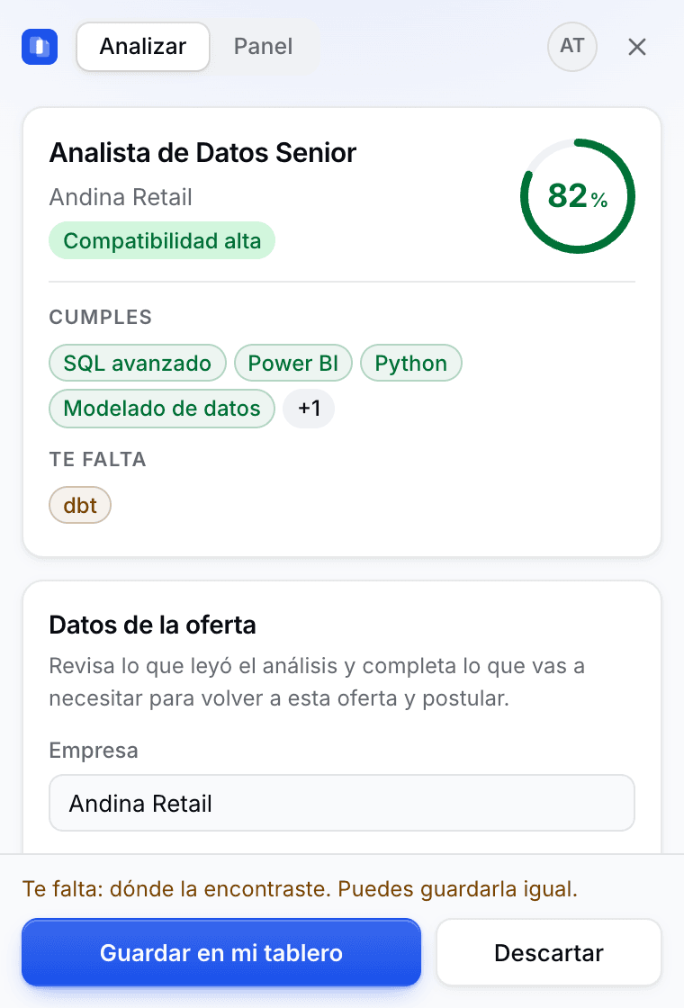 La extensión de IxiJob con una oferta analizada: 82 % de compatibilidad, los requisitos que cumples y el que te falta.